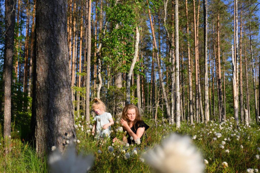 Lapsi ja nainen suopursujen täyttämällä suoniityllä