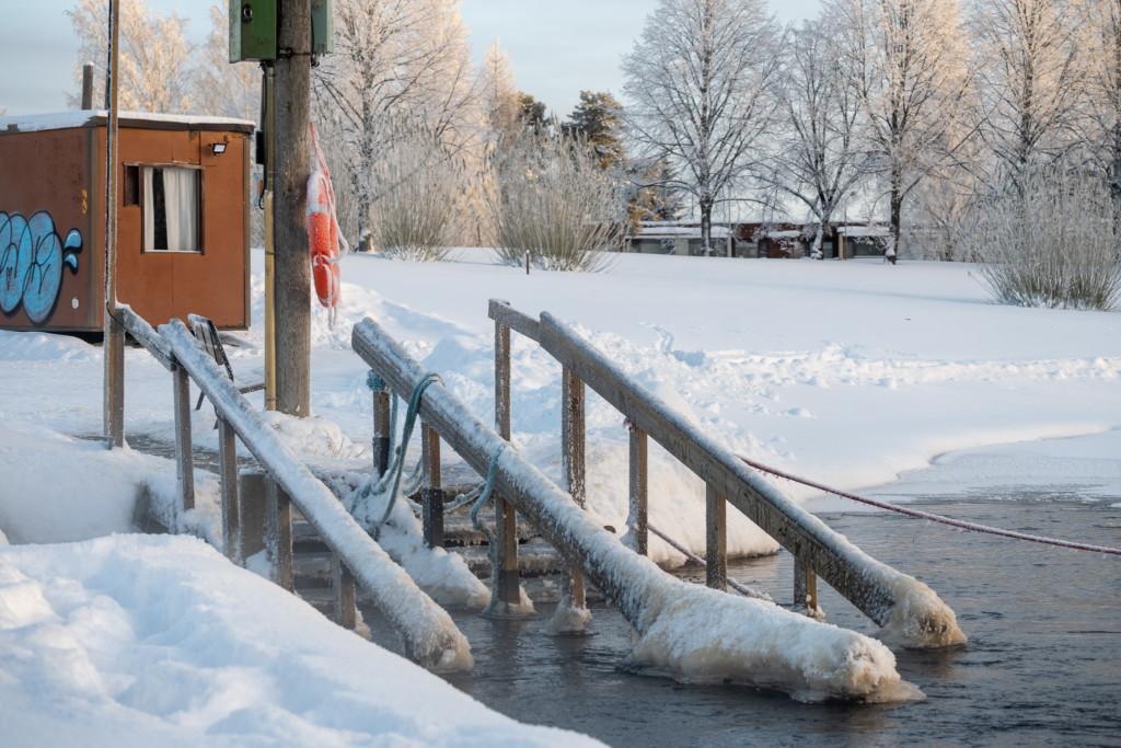 Stairs which lead to icy lake